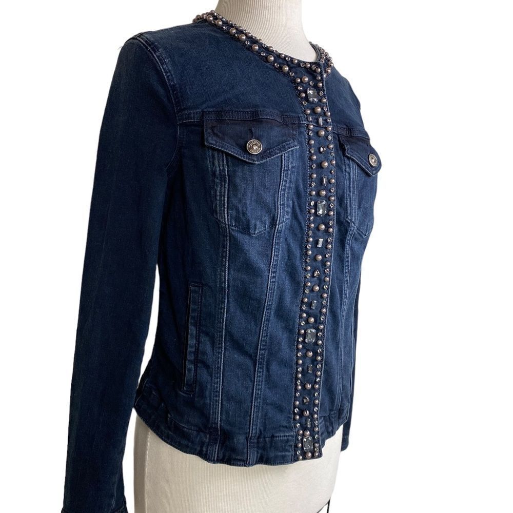 Nicole Miller New York M midnight blue denim jacket jean stretchy Rhinestones